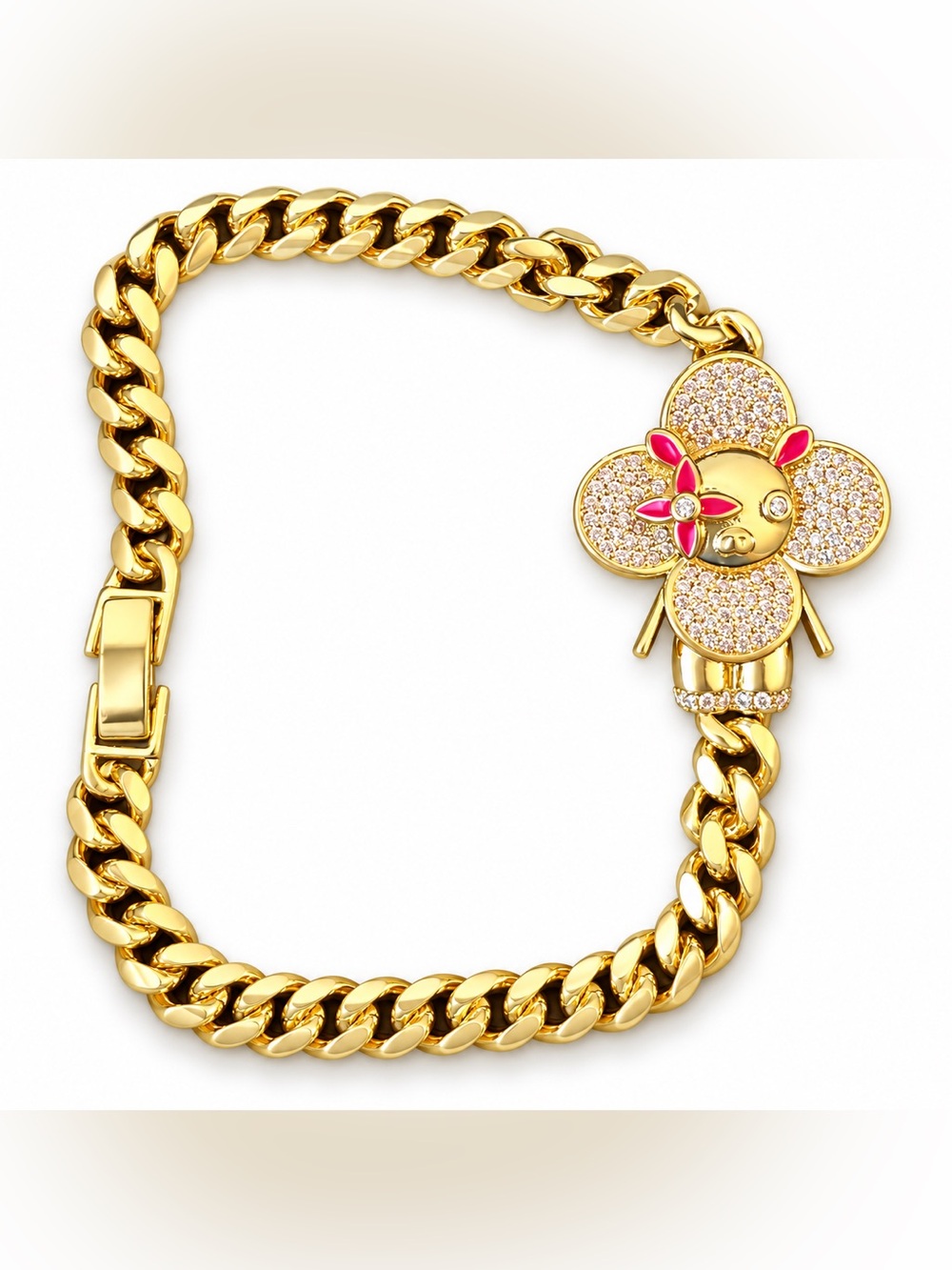 18k Gold Filled Cuban Link Bracelet Pave Flower Piggy Charm Pink Enamel Crystals